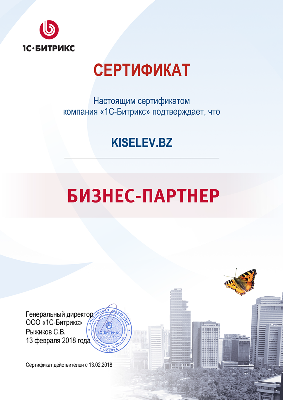 Сертификат партнёра по СРМ системам в Димитровграде